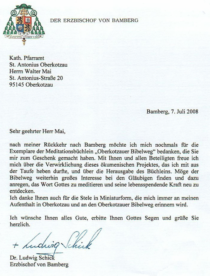 Dankbrief des Erzbischofs vom Juli 2008